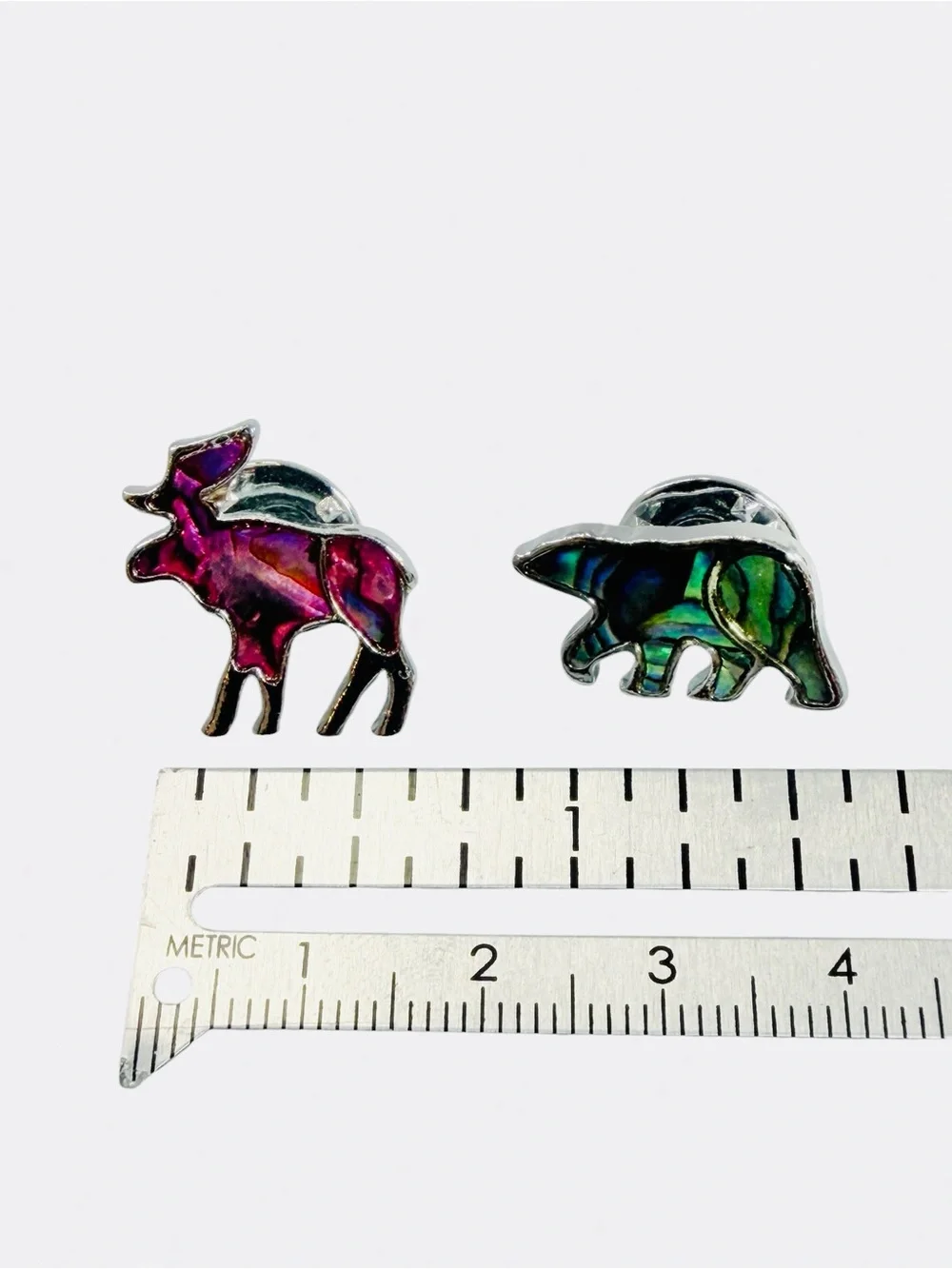 Moose Bear Pin Brooch Silver Tone Abalone Purple Green Pink Woods Camping Animal
